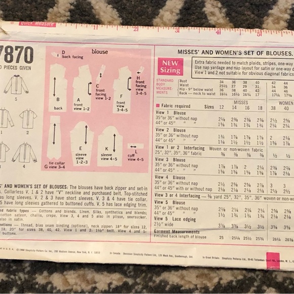 Vintage 60's Blouse Pattern - Simplicity 7870 - Misses 12 - Bust 34 - Picture 3 of 7